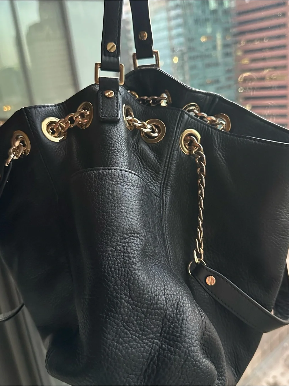 Michael Kors Black Leather Shoulder Bag with Gold Hardware